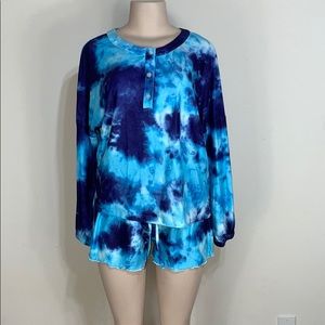 Blue Tie Dye Long Sleeve Batwing Shorts Pajama Set